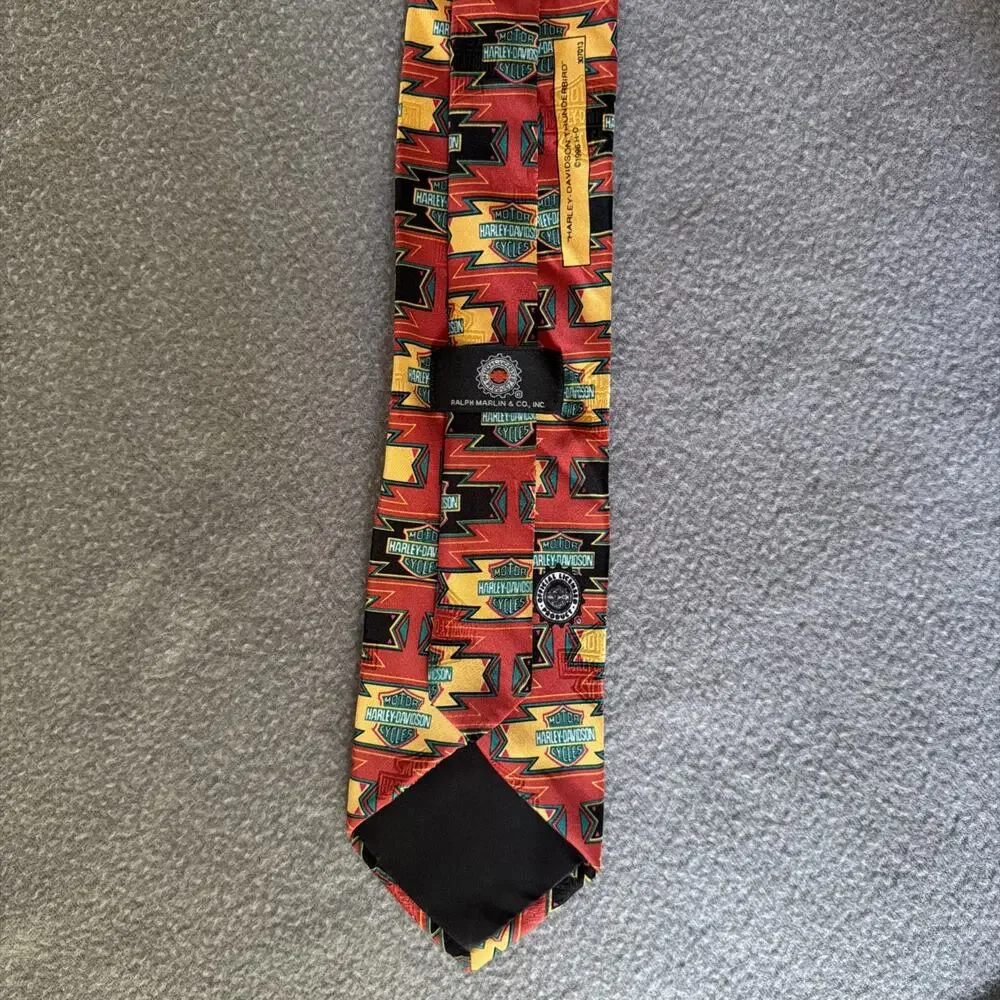 Harley Davidson Silk Tie Red Yellow Black Thunderbird Logo Necktie Y2k USA Gift